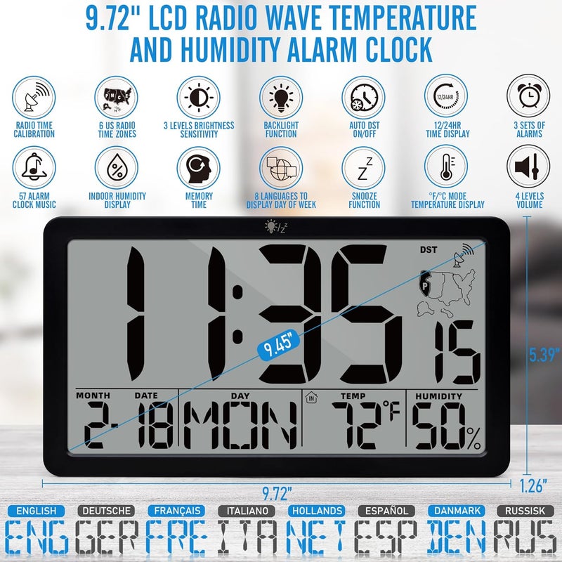 RUIDDY Digital Atomic Clock with Temperature with Blacklight with and Humidity Display, Large LCD Screen, Indoor Weather Monitor, DST Function, Black - Image 2